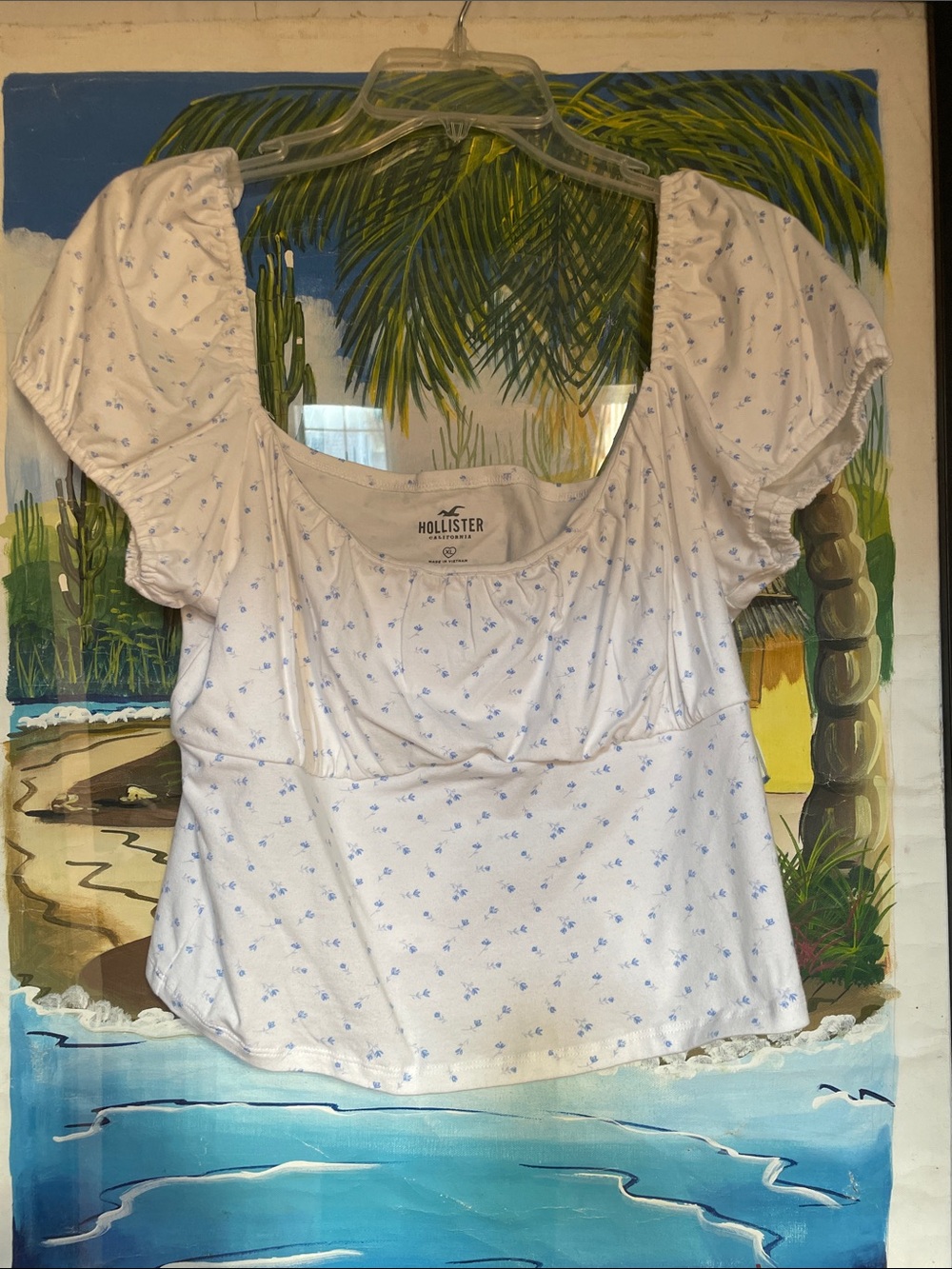 Hollister White Scoop-Neck Puff Sleeve Top with Light Blue Floral Print